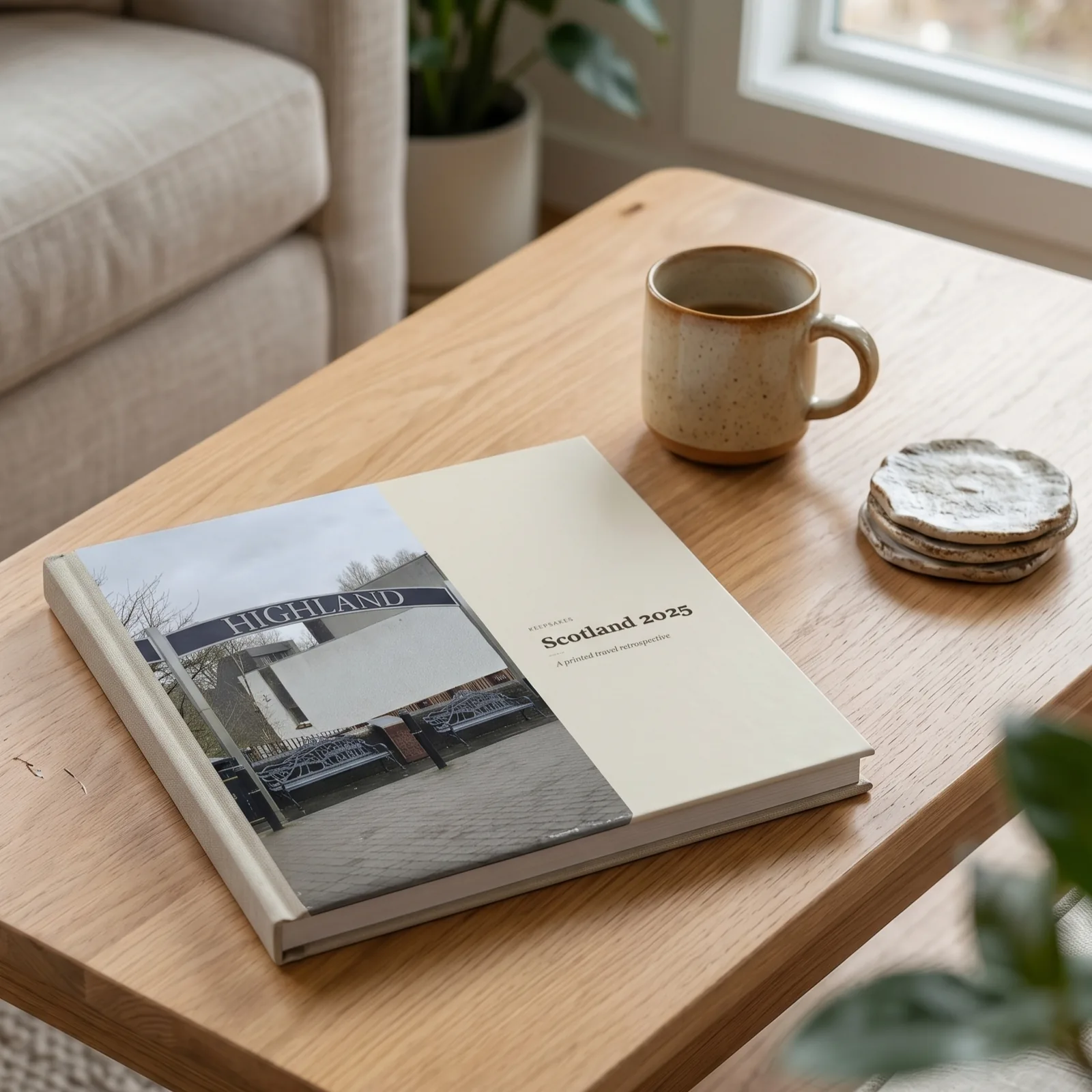 A Keepsakes photo book on a coffee table