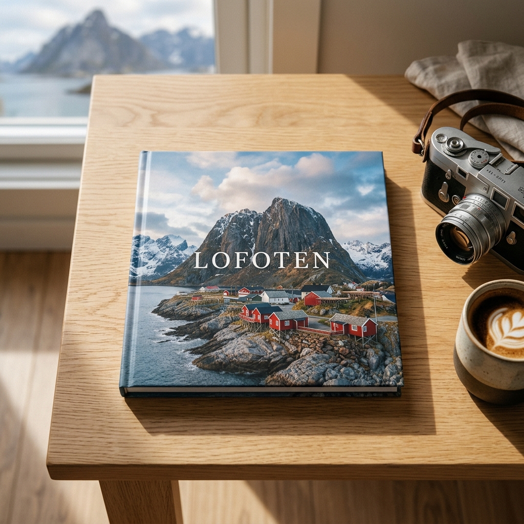 Premium hardcover photobook on a coffee table