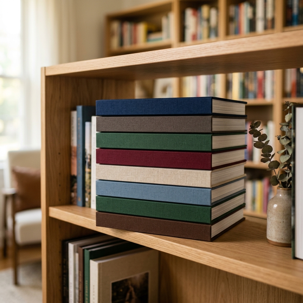 Hardcover photo books stacked showing spines on shelf